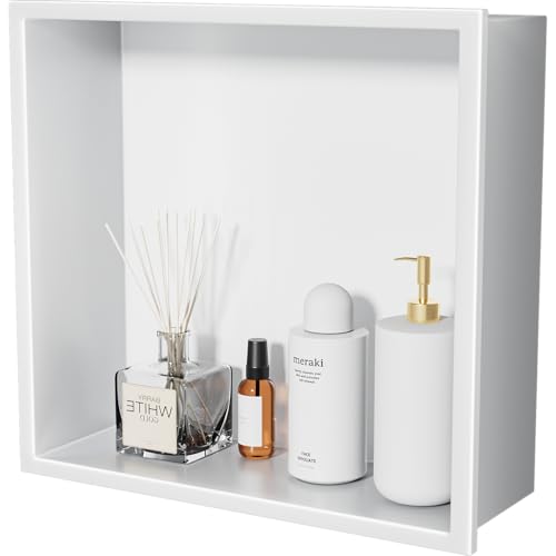 HelloaySen No Tile Needed Shower Niche - 12"x12" White 304 Stainless Steel Recessed Shelf,Over Mount Installation for Bathroom & Shower Wall,Waterproof