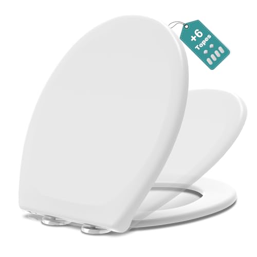 MEEJEE Tapa Wc Universal Amortiguada, Asiento Inodoro Blanco, Tapa de Vater Ovalada con Cierre Suave, Tapa de WC de Duroplast, Tapadera Wc para Familia, Tapa Inodoro Montaje Fácil