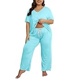 Slxbear Conjunto de ropa de descanso para mujer, talla grande, ropa de gimnasio para mujer, cuello en V, manga corta, parte superior sólida y cordón en la cintura, pantalones sueltos con bolsillos