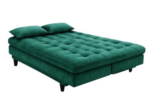 Image of 3-Seater Velvet Sofa Cum Bed | Tufted Convertible Sleeper Sofa | Plush Cushioned Seating | Space-Saving Design for Living Room, Bedroom & Office | Green