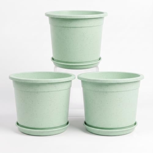 Image of 12 Inch Glossy Plastic Planter with Bottom Plate | Heavy Duty Flower Pot with Tray for Indoor Home Decor, Balcony, Living Room & Outdoor Garden (3 Pot, Mint Sparkle)