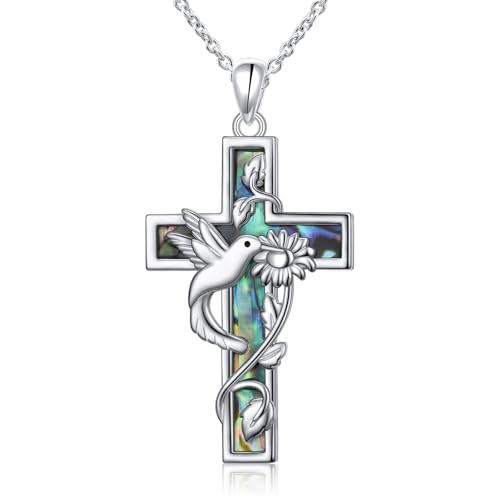 Ladytree Hummingbird Necklace S925 Sterling Silver Abalone Shell Cross Sunflower Necklaces Bird Catholic Jewelry Christian Gifts for Women