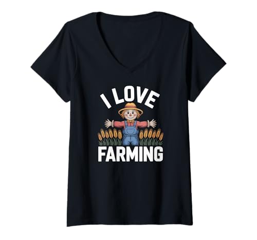 Mujer Gráfico de trigo I Love Farming Espantapájaros Camiseta Cuello V