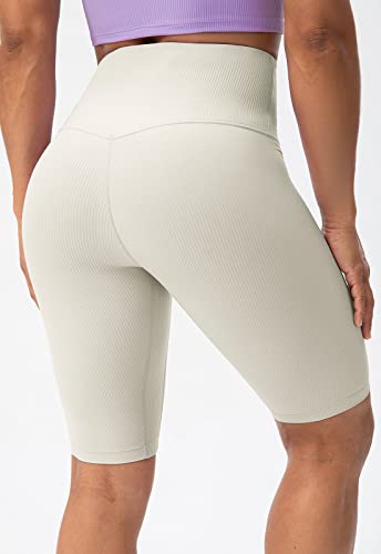 Lavento Women's Naked Feeling Compressive Ribbed Workout Biker Shorts - High Waisted Sculpt Training Running Short (10" Light Ivory, 6) #TOP1