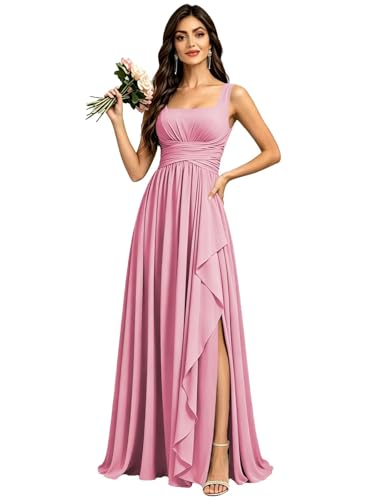 LKTESZ Women's Square Neck Bridesmaid Dresses for Women Long Ruffles Corset Chiffon Dusty Pink Beach Wedding Dress Sleeveless US8