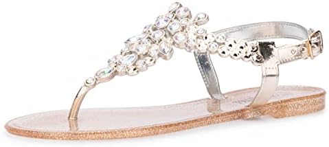 Olivia Miller Women's Fashion Ladies Shoes, Tilly Gold PVC Jelly w Embellished Rhinestones Adjustable Thong T Strap w Slingback Strap Slip On Open Toe Trendy Casual Summer Geli Slide Flat Sandals