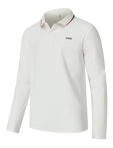 K-Swiss Men's Long Sleeve Polo Shirts - Golf Tennis Dry Fit Performance Moisture Wicking Casual Collared White L