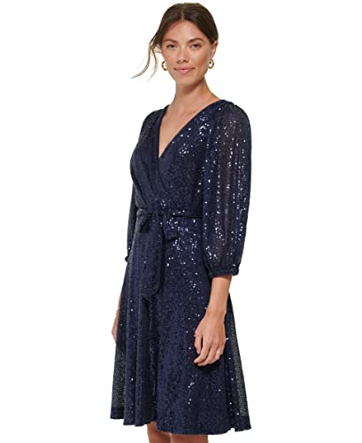 Dkny Women's Long Sleeve Sequin Surplice Faux Wrap, Navy, 14 #TOP2
