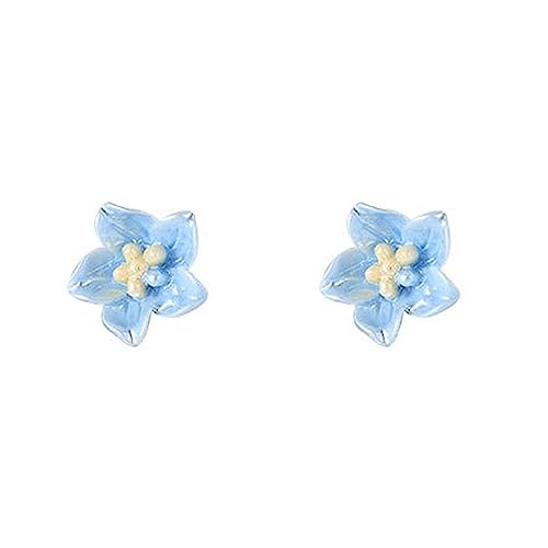 Cute Blue Flower Stud Earrings for Women 925 Sterling Silver Hypoallergenic Piercing Ear Bohemian Resin Plumeria Camellia Cherry Daisy Cartilage Tragus Post Dainty Birthday Holiday Beach Jewelry Gifts