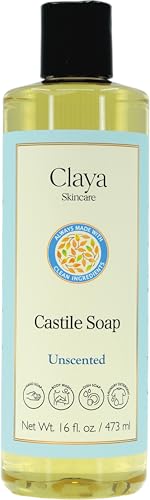 Image of Claya Unscented Liquid Castile Soap Organic Ingredients, Biodegradable, Gentle for Sensitive Skin and Versatile Use (16 fl oz Disc Cap)
