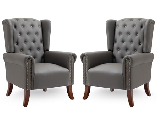 MOJAY Modern PU Leather Accent Chairs Set of 2, Mid-Century Living Room Chairs Upholstered Club Arm Chair, Single Sofa Chair with Solid Wooden Legs for Bedroom Study Home Office Reception (Grey)