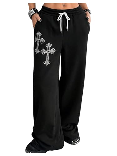SOLY HUX Women's Y2k Baggy Pants Drawstring Waist Gothic Rhinestone Wide Leg Sweatpants Black Printed Large