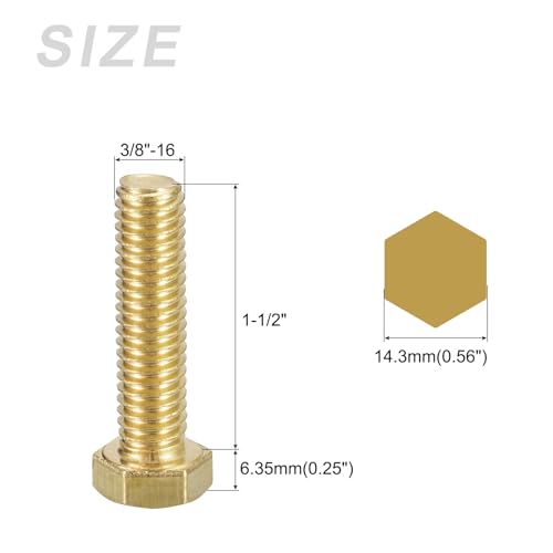 Image of METALLIXITY Hex Head Screw Bolt (3 /8-16x1-3 /4) 1Pcs, Brass Fully Threaded Solid Brass Hex Bolts Machine Screws - for Machinery Repair