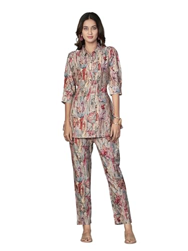 Image of NAINVISH Women Muslin Floral Co-Ord Set | Ethnic | Casual Wear Pant Top Set | Fancy | Full Pair Set | Kurtis Sets | Kurta Pant Set