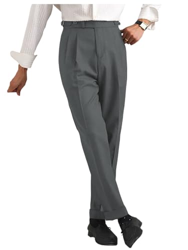 Men's High Waisted Pleated Dress Pants Adjustable Waistband Trousers Cuffed Hem Casual Chino Classic Fit Pant