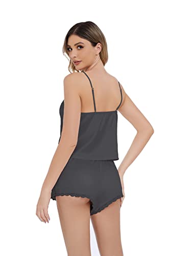 Aceahiha Lace Trim Women's Satin Silk Cami Pajamas Set Sleeveless Tops And Shorts Two Piece Adjustable Straps Sleepwear(As1, Alpha, Xx_L, Regular, Regular, Black) #TOP2