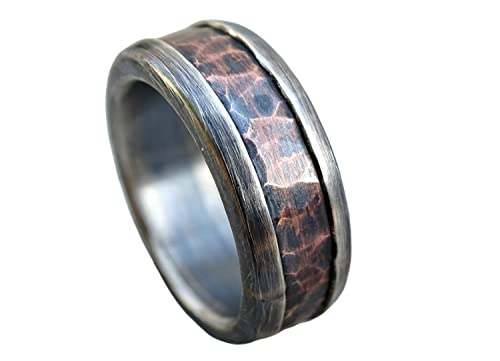 Chunky Mens Ring Copper, Mens Wedding Band Bold, Forged Silver Copper Ring, Hammered Copper Ring Rustic, Rustic Wedding Ring Mixed Materials #TOP7