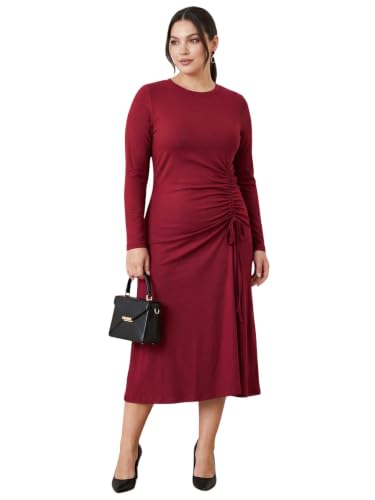 Image of Selvia Women's Ribbed Lycra Midi Dress | Long Sleeve Round Neck Ruched A-Line Dress | Casual, Party & Office Wear