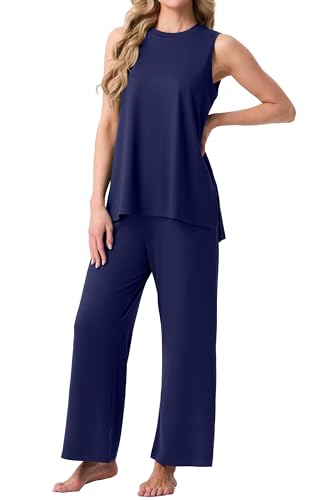 Image of PrinStory Womens Pajamas Sets 2 Piece Soft Pjs for Women Sleeveless Pajama Set Summer Loungewear with Pockets