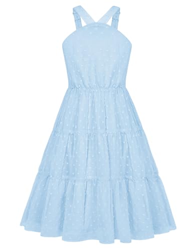 GRACE KARIN Girls Easter Dress Kid Halter Sleeveless Casual Dress A-line Midi Spring Summer Dress Light Blue 7-8Years
