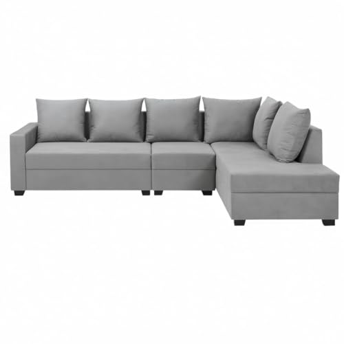 Image of FURNY Gloria 8 Seater Fabric RHS L Shape Sofa Set with 1 Centre Table & 2 Puffy (Light Grey) | Premium Velvet Finish | Ideal of Living Room