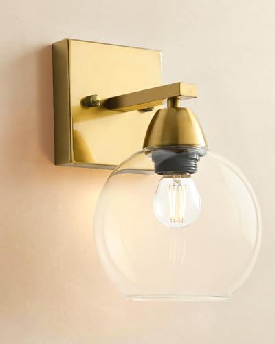 Image of Bathroom Light Fixtures, 1-Light Matte Gold Vanity Light with Hand-Blown Thick Glass Shade, High Clarity & Durable, Wall Sconce for Mirror, Kitchen, Bedroom, Hallway