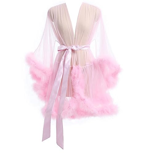 ZLZNX Dessous für Frauen Lace Kimono Robe Sheer Gown Feather Bridal Robe Nachthemd Bademantel Robe mit Fell,004,XL