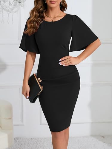 Image of IHOT 2024 Women's Vintage Ruffle Short Sleeve Ruched Bodycon Cocktail Party Work Dress