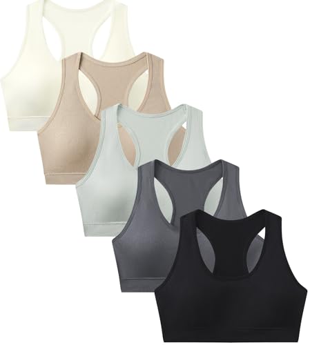 Suekaphin Girls Training Bra Supportive Seamless Sports Bras for Teens Girls with Racerback Removable Pads Pack of 5