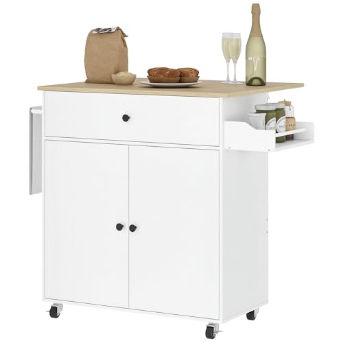 HOMCOM Isla de Cocina con ala Abatible Carrito de Cocina Mueble Auxiliar de Cocina con Ruedas 2 Puertas Cajón Especiero Toallero y Estante Ajustable 106x42x87 cm Blanco y Roble