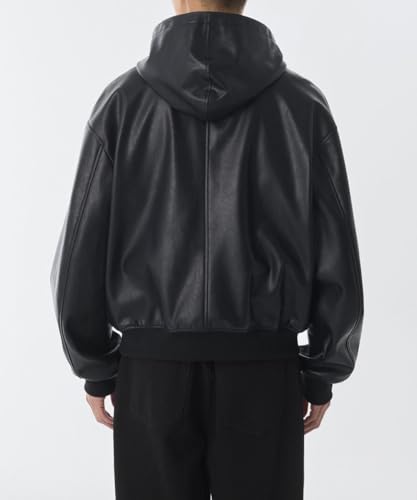 Image of CLWN Men's Black Faux Leather Hoodie Jacket with Zip-Up, Ribbed Cuffs & Hem for Casual Street Style Riding Travel Evening Look