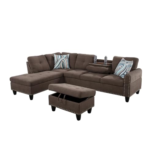 Image of L-Shaped 3-Piece Breathable Fabric Sofa with Ottoman, Sectional Couch Set for Living Room, Office, Apartment, with Cup Holder, Brown