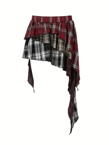 Asymmetric Plaid Mini Skirt, Burgundy and Black, Ruffle Layered Design (US, Alpha, Large, Regular...
