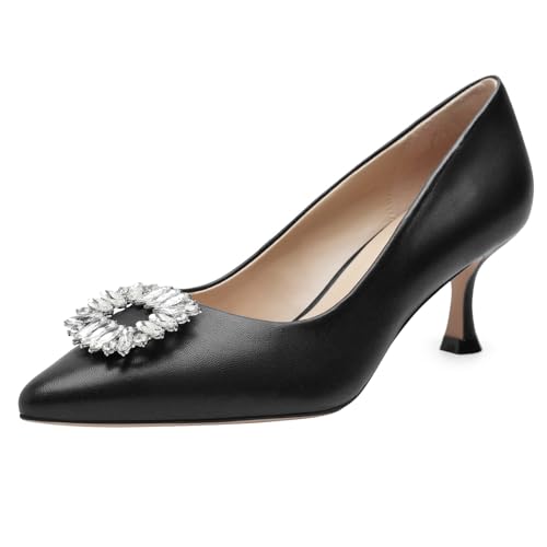 Women's Comfortable Leather Pumps with Rhinestones Pointy Toe Kitten Heel for Office Attire Dress Walking Shoes