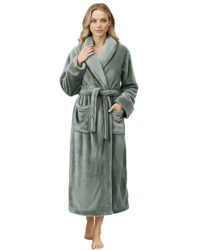 NY Threads Premium Womens Robe, Plush Fleece Long Bath Robe for Women, Fluffy Soft Women's Bathrobe, Medium, Steel Grey