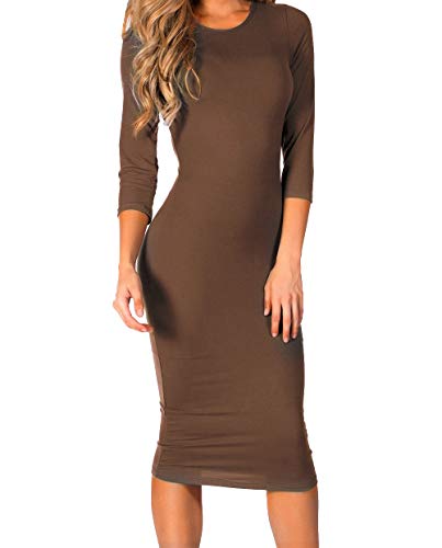 Image of ICONOFLASH Women's 3 /4 Sleeves Midi Bodycon Dress Crew Neck Fitted Dresses with Plus Size Options