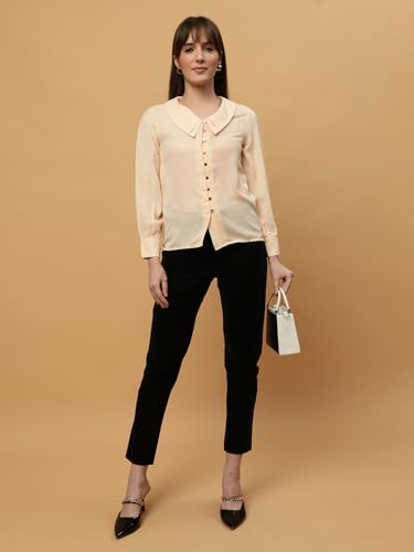Image of BEATNIK Womens Solid Color Fashion Full Sleeve Peter Pan Collar Woven Spring Summer Casual Loose T Shirts Tops