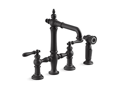 Kohler 76520-4-BL Artifacts Grifo de fregadero de barra de puente de dos agujeros con rociador lateral, negro mate