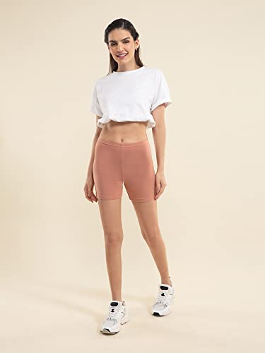 Image of NYKD NYP083 Cotton Stretch Mid Rise Mid Thigh Shorts for Women with Concealed Waistband All Day Comfort