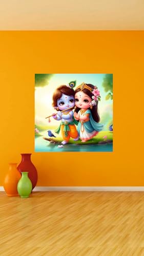 Image of Akki World Bal Radha Krishna With Basuri God Wall Poster For Pooja Room, Kids Room, Offcie (Size - 46Cm X 46Cm)