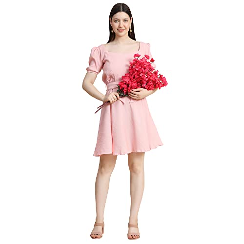 Image of KERI PERRY Women's Peach Cotton Blend Solid Fit & Flared Western Dress | Dress for Women | A line Dress | Winter Dress | Western Dress | Women Dress | Trendy Dress | Midi Dress