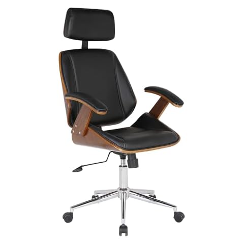 Armen Living Century Office Chair in Black Faux Leather and Walnut Wood, Chrome Finish Cover