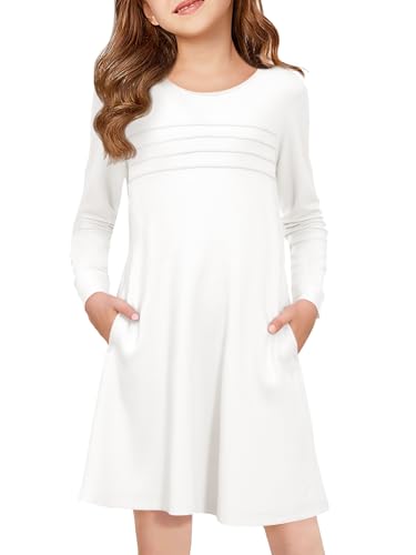 Haloumoning Girls Pleated Front Long Sleeve Dress Kids Crewneck A-Line Dresses with Pockets 5-14 Years