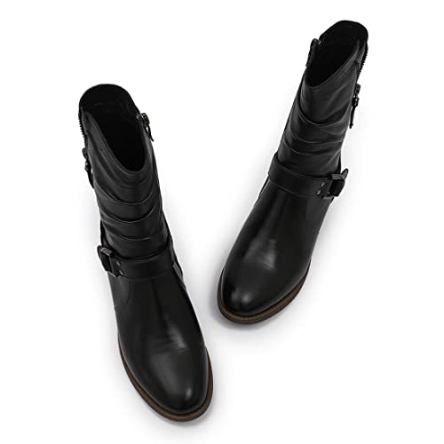 Mona flying Women's Comfort Mid Calf Leather Booties Inside zip Fashion Round Toe Biker Boots Low Heel Dress Engineer Boots4