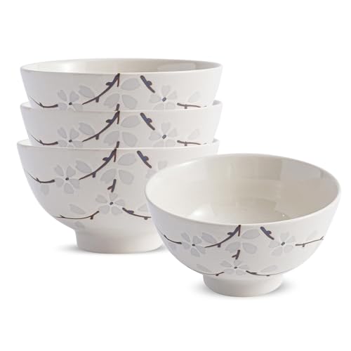 DealbyBox 4.5 Inch Porcelain Small Bowls, 10 OZ Ceramic Dessert Bowls, for Kitchen, Side Dishes, Ice Cream Rice Soup Snack Cereal (4Pack, White Flowers)