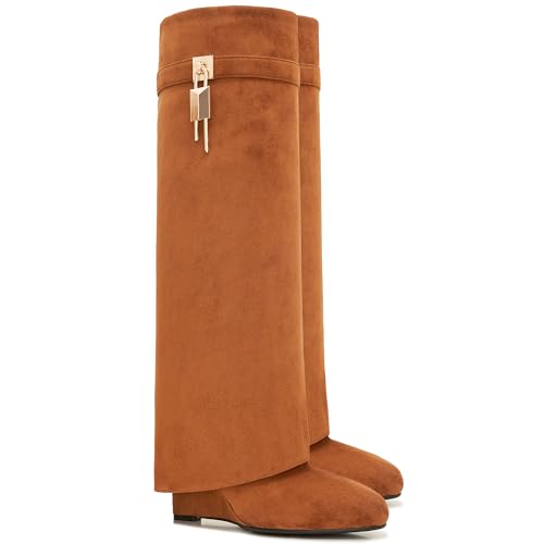 Image of Fold Over Boots for Women Pointy Pull-on Wedge Heel Knee Shark Boot With Side Zipper Padlock Design