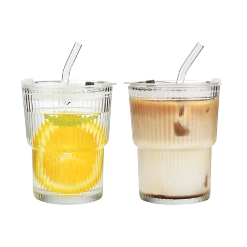 14oz Glass Tumblers with Lids and Straws, Set of 2 - Stylish Ribbed Design Drinking Glasses for Iced Coffee Cups, Juice, Smoothies, Cold Beverages, Includes Cleaning Brush, Durable Glassware