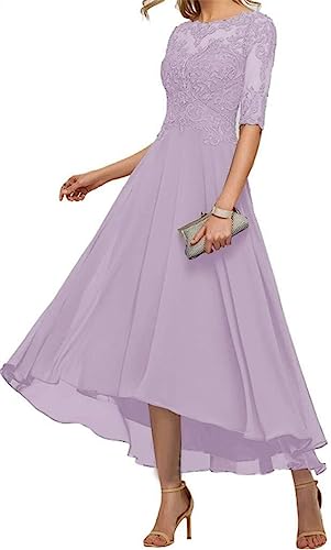 Vestido de encaje para madre de la novia, mangas 3/4, longitud del té, gasa, formal, boda, fiesta, baile de graduación para mujer, morado, 60
