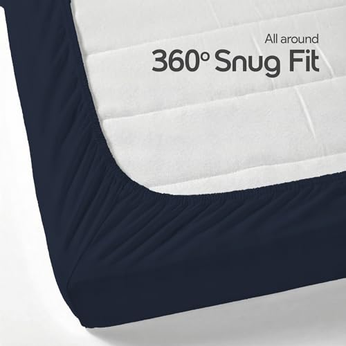 Image of LINENWALAS Cotton 300 TC Fitted Bed Sheet for Single Bed | Signature 2 CM Sateen Stripe Design|All-Around Elastic for 4-8 Inch Mattresses | Luxury Hotel-Style Bedding (36 x 78, Navy Blue)