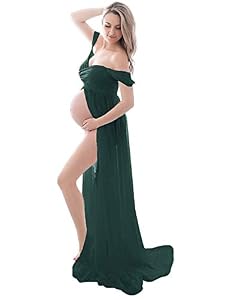 FEOYA-Jupes Photographiques Maternite Dames Robes pour Photoshoot Ete Traîne Longue Robe en Mousseline de Soie Hors Epaule Bretelles Fendue Devant Femme Enceinte Robe,M,Vert Foncé